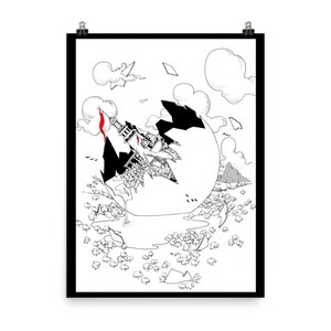 Broken Dreams Poster, pen ink illustration PRINT. Various sizes. Fantasy dream landscape, castle ruins,waterfall. Live adventure and explore
