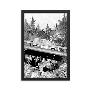 Troll Bridge Framed poster, pen ink illustration PRINT. Various Sizes. Fantasy outdoors forest landscape to explore wander adventure.