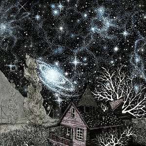 May include: A black and white illustration of a house with a porch under a starry night sky. The moon is full and has a floral design. The house has a dark roof and white windows. The sky is filled with stars and a galaxy.