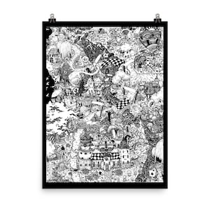 Plakat z mapą Doodle Alicji w Krainie Czarów, ilustracja piórem i tuszem DRUK. Różne rozmiary. Lewis Carroll Cheshire Cat White Rabbit Fantasy landscape