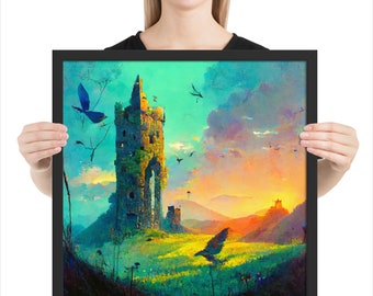 Dreams of Yesterday Framed Poster, Fantasy adventure landscape ruins castle Spring Sunset