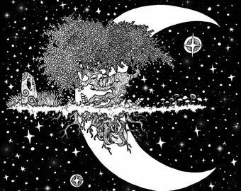 Sweet Dreams pen ink SIGNED illustration print,  unframed.  sky island bed in a tree floating in space with stars and moon fantasy voyage