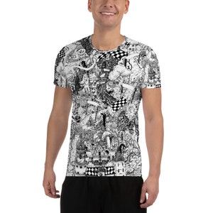Alice im Wunderland Doodle Map All-Over Print Herren Athletic T-Shirt. Lewis Carroll Mad Hatter Cheshire Cat Fantasy Abenteuer Landschaft