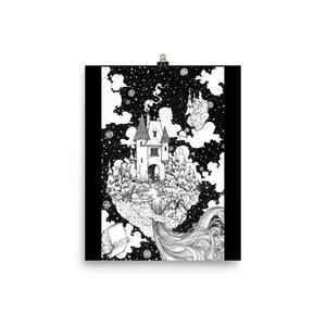 Rooftop Ponder Poster, pen ink illustration PRINT. Various sizes. Outdoors sky islands fantasy magical nature landscape. Explore adventure