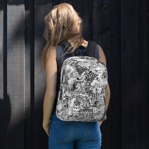 Alice im Wunderland Doodle Map Rucksack. Lewis Carroll Mad Hatter Grinsekatze Fantasy Landschaft. Tusche Illustration erkunden