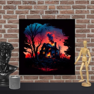 Puede incluir: Una pintura digital de una casa envuelta en llamas contra un cielo oscuro y tormentoso. La casa está silueteada contra el fuego, con humo saliendo del techo. La escena está ambientada en un bosque, con árboles que rodean la casa.
