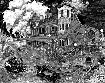 Hear You Calling in the Dead of Night pen and ink illustration PRINT Various Sizes black and white abandoned house night landscape overgrown