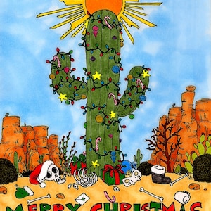 アリゾナからのメリークリスマス 封筒付きグリーティングカード 5 枚セット ペンとインクのイラスト 砂漠のサワロ サボテン スケルトン プレゼント
