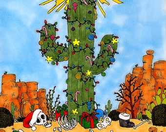 Merry Christmas from Arizona Greeting Cards with Envelopes set of 5 pen and ink illustration desert saguaro cactus skeleton presents