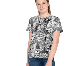 Alice in Wonderland Doodle Map Youth crew neck t-shirt. Lewis Carroll Mad Hatter Cheshire Cat Fantasy adventure landscape Explore