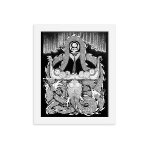The World Serpent and the Boy Norse Viking Mythology Framed poster, pen ink fantasy illustration PRINT. Various sizes. Long ship nautical