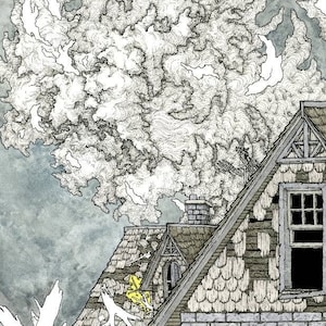 May include: A black and white illustration of a house with a damaged roof. The house has a chimney and two windows. The roof is covered in shingles and there are branches sticking out of it. The sky is a light blue with a white cloud in the background.