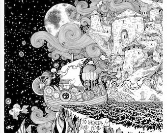 I Will Love You pen and ink signed illustration PRINT various sizes Norse Vikings love sailing World&#39;s End Castles Island husband and wife