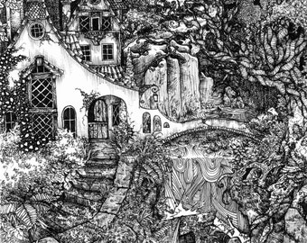 The Dwelling; pen ink illustration PRINT. Various sizes. Old house in forest outdoors adventure bridge,  explore fantasy landscape