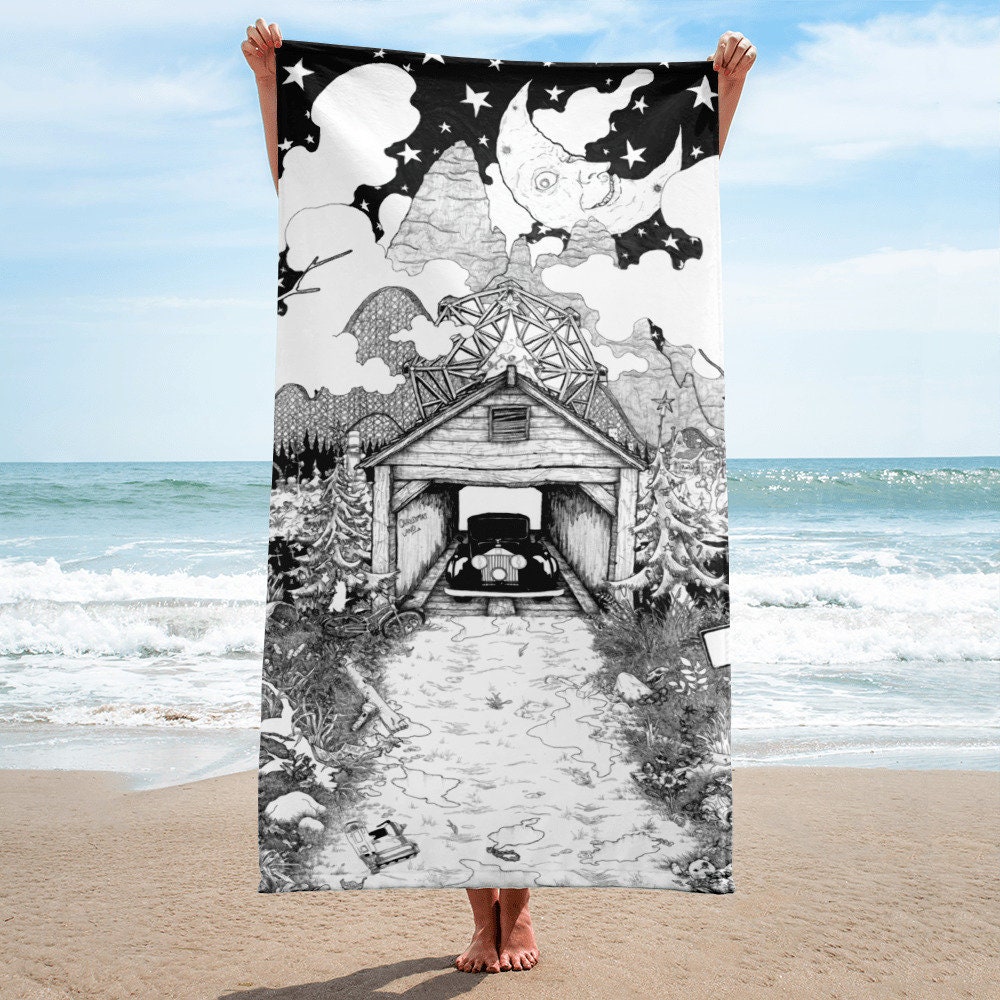 Joe Hill's N0S4A2 Towel, pen and ink illustration Christmas land with evil children amusement park with crept moon, monster car, snow