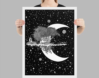 Sweet Dreams Sky Island Framed Poster, pen and ink illustration PRINT, scifi fantasy night time tree moon