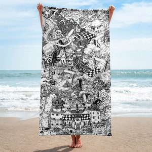 Alice im Wunderland Doodle Map Towel, Tusche Illustration. Lewis Carroll Mad Hatter Cheshire Cat Fantasy Abenteuer Landschaft