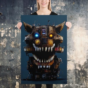 May include: A digital art print of a rusty, robotic, animatronic animal with glowing blue and orange eyes. The animal has a large, toothy grin and appears to be made of metal and wires.