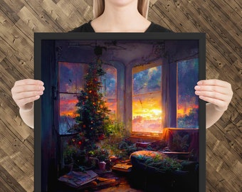 cold christmas Framed poster, abandoned home winter snow beautiful magical sunset post-apocalypse Decay dream nightmare