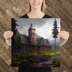 Cartel de aprendizaje muerto, escuela abandonada y cubierta de maleza, bosque, paisaje campestre, tormenta, fantasía, escena post-apocalíptica, decadencia