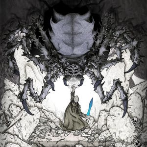 May include: A black and white illustration depicts a figure with a sword facing a giant spider-like creature. The scene is set in a rocky environment with a dark, ominous background. The figure is holding a glowing blue sword.