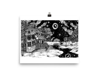 Along the Path to the Tower Poster, various sizes available. Pen ink abandoned house country landscape fantasy explore wander