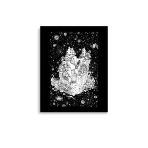 ブリッジヒルズ スカイアイランド ペンインクイラスト ポスター、フレームなしプリント。サイズは様々。宇宙の風景に浮かぶSFファンタジーの島