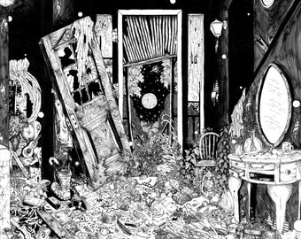 Slow Regard of Silent Things pen ink SIGNED illustration PRINT. Various sizes. Abandoned house night lonely landscape explore adventure