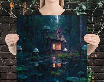 House of Mushrooms Poster fantasy enchanted cabin in country woods forest landscape magic fungi