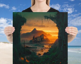 House Upon Sand Poster, Abandoned overgrown beach ocean decay post-apocalypse fantasy landscape