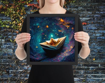 Adventures Framed poster, Sci-fi fantasy space odyssey enchanted magical origami boat sailing through space and stars