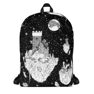Wandering Ruins Backpack, pen ink illustration print. Fantasy Sky islands with night sky and stars. Castle fortress ruins landscape dragon