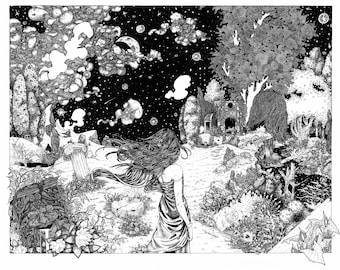 Rose Madder pen and ink illustration PRINT, various sizes, black/white Stephen King stars night landscape abandoned greek ruins woman