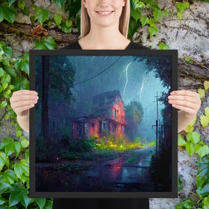 Flickers of Remembrance Framed poster, Neighborhood in a thunderstorm Lightning abandoned