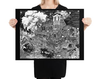 Hear You Calling in the Dead of Night Poster, pen ink illustration PRINT. Various sizes. Abandoned house country landscape. Fantasy explore