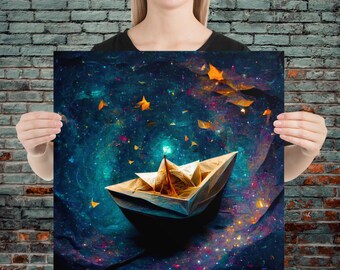 Adventures Poster, Sci-fi fantasy enchanted magical paper origami boat in the stars and space, outdoors journey