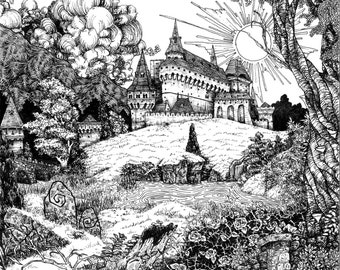 Castle On the Hill Illustration PRINT, signiert, verschiedene Größen. Waldland Schloss mit Teich Steinmauer Märchenland Verzauberung Fantasy Landschaft