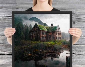 Old School Framed Poster, abandoned overgrown school beautiful decay post apocalyptic country nature landscape TLOU