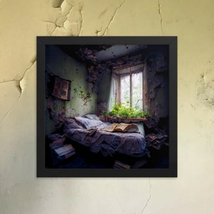 Abandoned Stories Framed poster, overgrown derelict bedroom Decay old books post-apocalypse