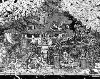 House at the End of the Lane  pen ink illustration print. Various sizes. abandoned house haunted overgrown shadows hidden outdoors adventure