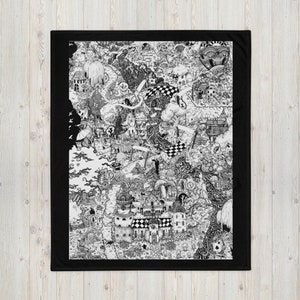 Alice im Wunderland Doodle Map Fleecedecke, Stiftillustration. Alice Carroll Grinsekatze Mad Hatter Abenteuer Fantasy Landschaft