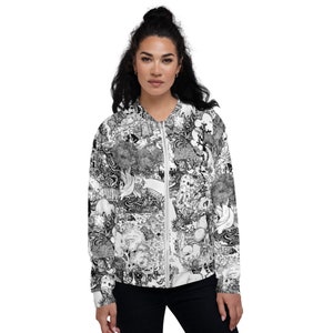 Rapunzel Märchen Doodle Unisex Bomber Jacke. Illustration Fantasie Landschaft Karte. Magischer Wald im Freien, versteckte Dinge. Hexe, Prinzessin.