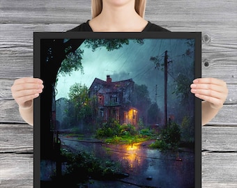 Corner House Framed Poster, Evening Neighborhood town storm fantasy rainy adventure
