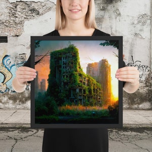Somewhere Else Framed poster, abandoned overgrown city post-apocalypse dystopian urban decay