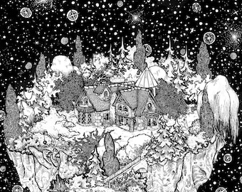 House Fox SIGNED pen ink illustration PRINT various sizes available. Sci-fi fantasy whimsical outdoors landscape explore wander dream