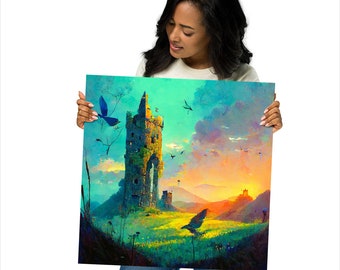 Dreams of Yesterday Poster, Fantasy adventure landscape ruins castle Spring Sunset