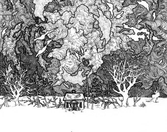 All Was Quiet signed pen and ink illustration unframed PRINT, various sizes available. Black and white landscape derelict home after storm