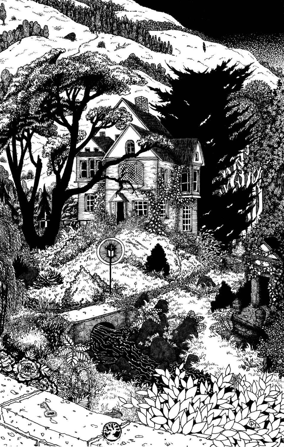 Solitude of Dusk pen and ink signed illustration print black and white various sizes Abandoned House with lamp Mausoleum tombstones stream