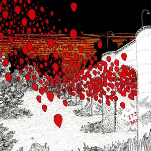 May include: A black and white illustration of a brick wall with arches. Red balloons are floating in the air above the wall. The text "It's Back" is written on the wall.