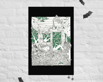 Where Did You Go When Home Was Not Safe Poster. Pen ink illustration PRINT. Various sizes. Abandoned tree house outdoors explore